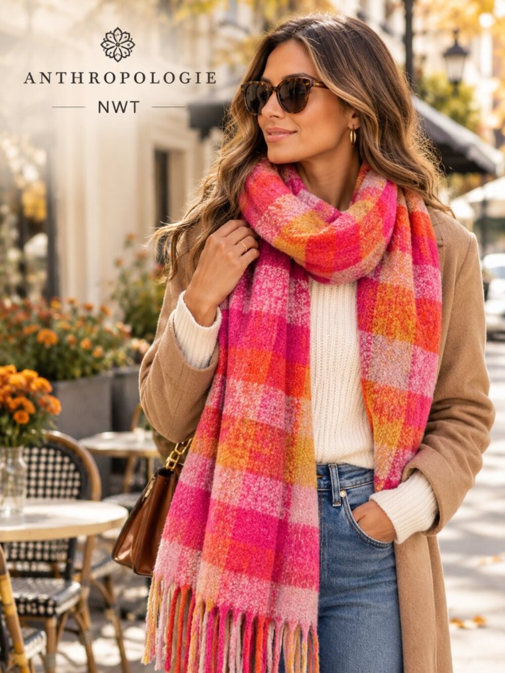 NWT Anthropologie Pink Orange Plaid Oversized Blanket Scarf Wrap